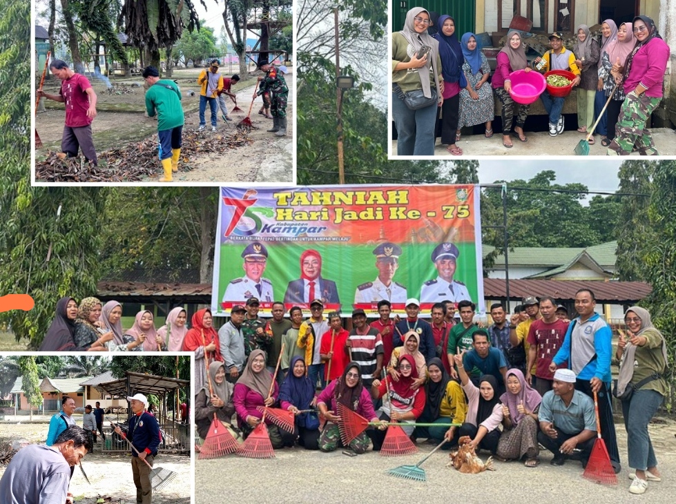 Sambut HUT Kampar ke 75, Pemdes dan Masyarakat Buluh Cina Gotong Royong Paska Banjir