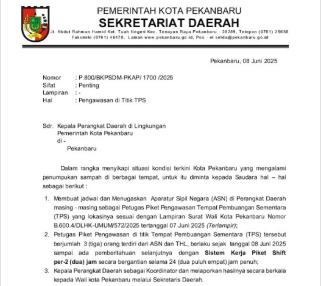 Pj Sekda Terbitkan Surat, Pejabat Pekanbaru Diperintahkan Jaga TPS